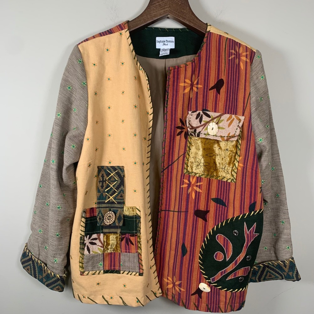 VTG Stephanie Thomas Sport Floral Mixed Pattern Jacket Quirky Boho Art to Wear